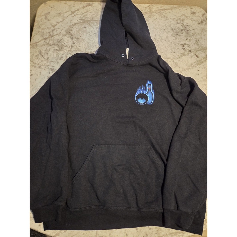Vintage Bowling Black Hoodie Size XL Blue Flames